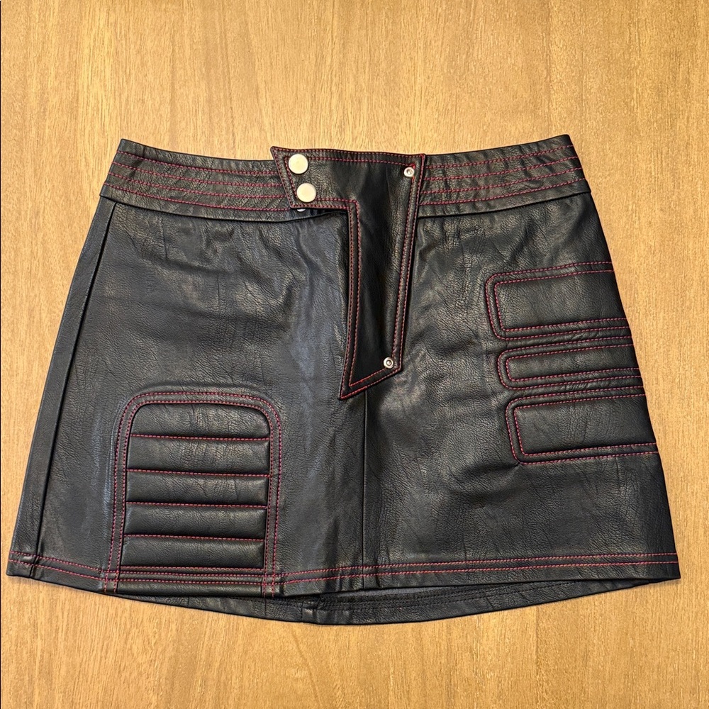 Black Motorcycle Leather Skirt with Red Stitching